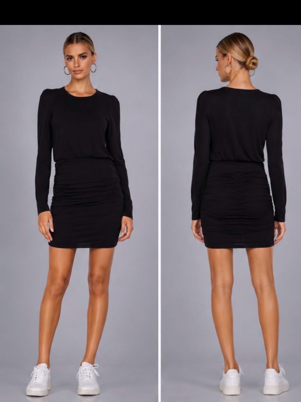 Anthropologie X SUNDRY Black Puff Sleeve Shirred Long Sleeve Dress